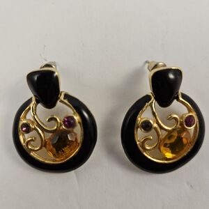 80s Glam Clip Earrings Black Enamel Red and Gold Faux Stones